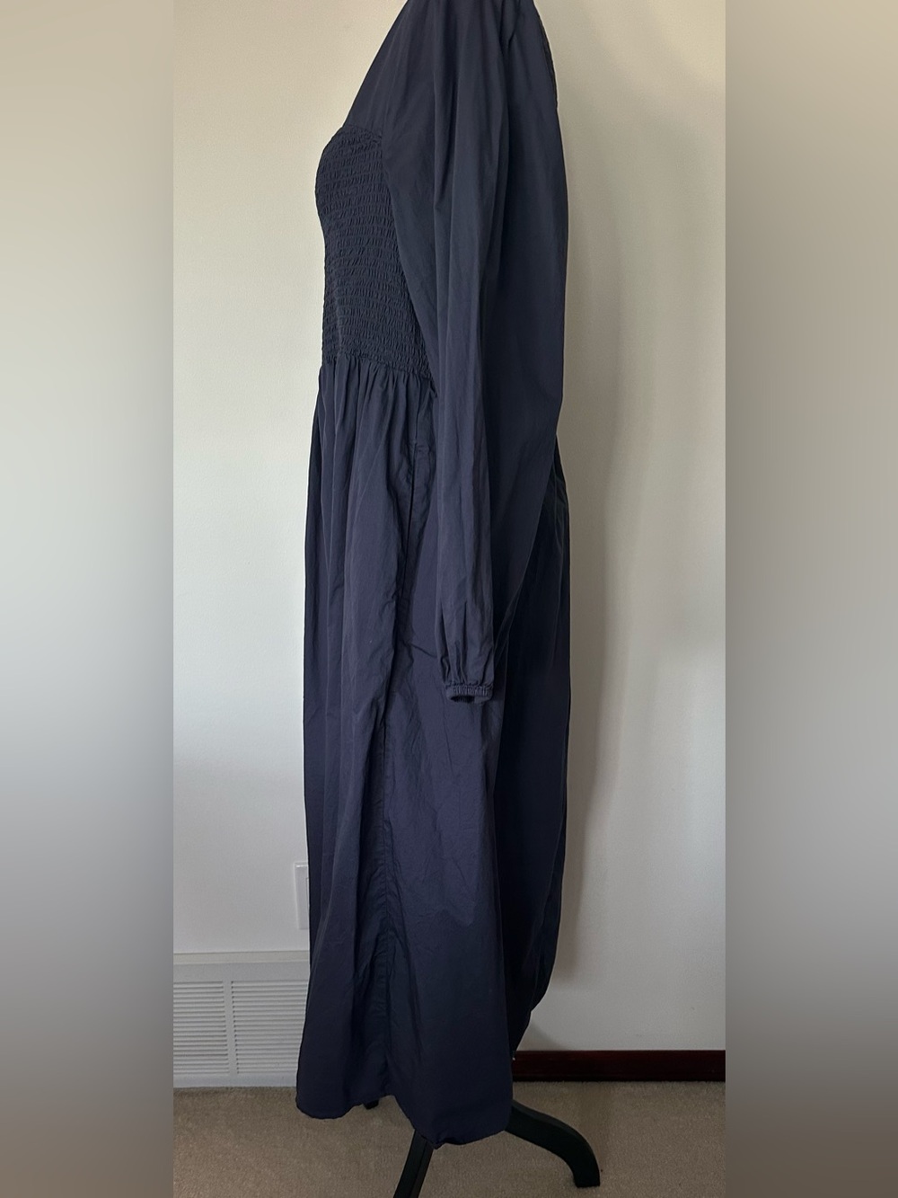 Cottagecore Navy Smocked Dress Puff Sleeve Prairie Large Western Peasant Dress - Picture 5 of 10